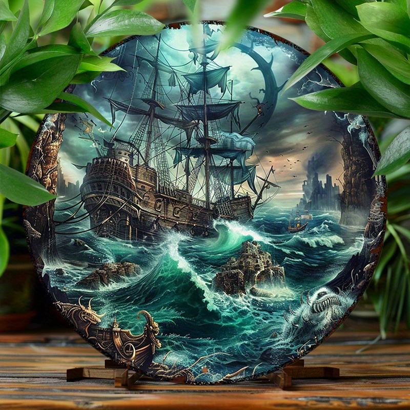 

Uv-resistant Waterproof Aluminum Metal Art Set, 1pc 8x8 Inch Round Sign With Pirate Ship & Full Moon Imagery, Pre-drilled For Easy Hanging, High-definition Nautical Wall Decor For Home, Office, Cafe