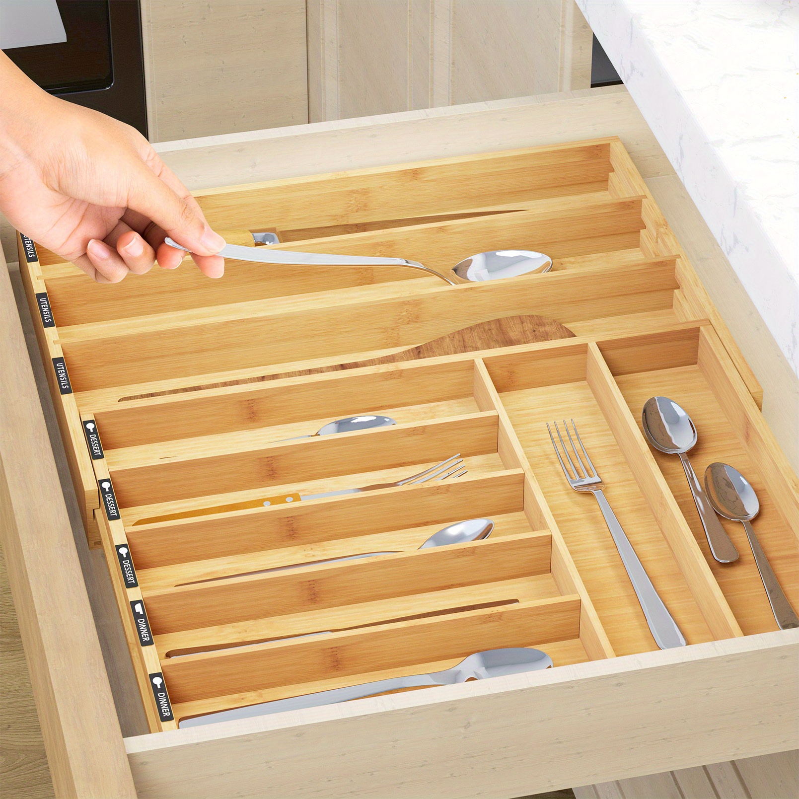 

Kitchen Silverware Drawer Organizer With Tags, Expandable Bamboo Utensil Tray Holder For Flatware, Knives, And Spoon Drawer Storage