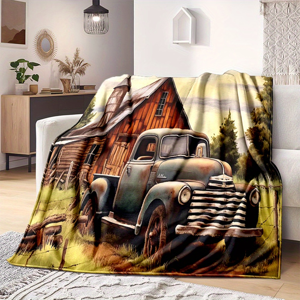 

1pc Vintage Pickup-themed Large Flannel Blanket - Cozy Polyester Soft Warm Throw For Couch, Sofa, Bed, Office, And Travel - Multipurpose All-season Gift