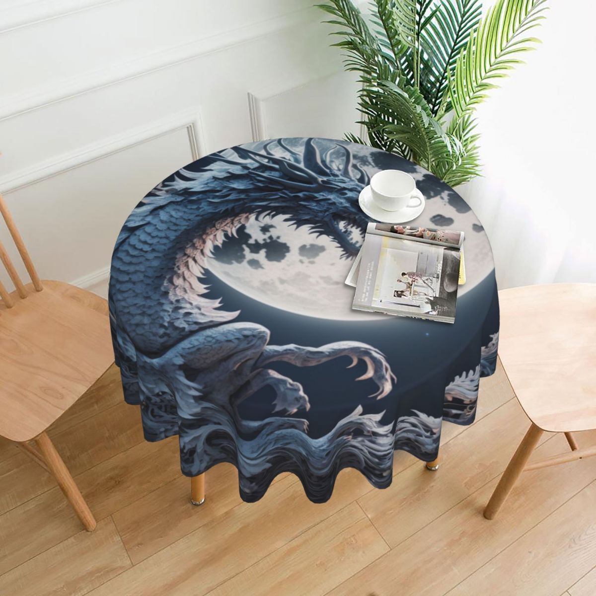 

1pc Dragon & Moon Print Round Tablecloth - Stain-resistant, Washable Microfiber For Kitchen & Dining Room Decor, Perfect For Holiday Parties & Gifts