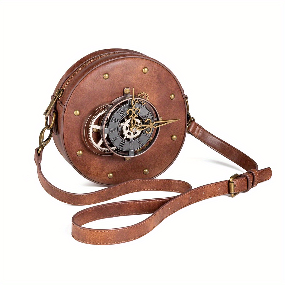 

New Steampunk Women's Shoulder Bag - Gears - Clock Hands - Pu Leather, Vintage Style Round Biker Bag, Crossbody Fanny Pack Dual Purpose - Can Be Hung On Belt