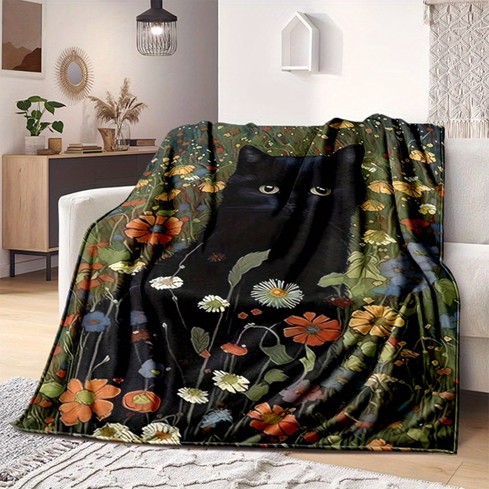 

1pc Premium Polyester Flannel Throw Blanket - Large Cozy Black Cat & Floral Design, Soft Warm Multi-purpose, Ideal For Winter Reading, Travel, Pet Snuggle, & Holiday Gift - Fits Couch, Sofa, Bed, Car