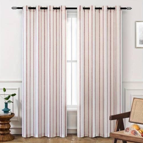 farmhouse linen blend blackout curtains 96 inches long for bedroom vertical striped printed linen curtains thermal insulated grommet lined for living room 2 panels w52 x l96 red
