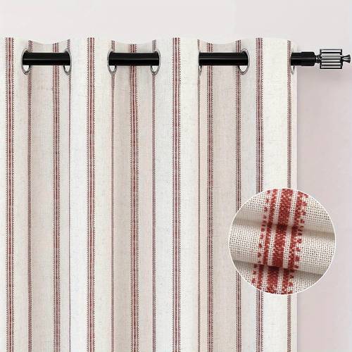 farmhouse linen blend blackout curtains 96 inches long for bedroom vertical striped printed linen curtains thermal insulated grommet lined for living room 2 panels w52 x l96 red