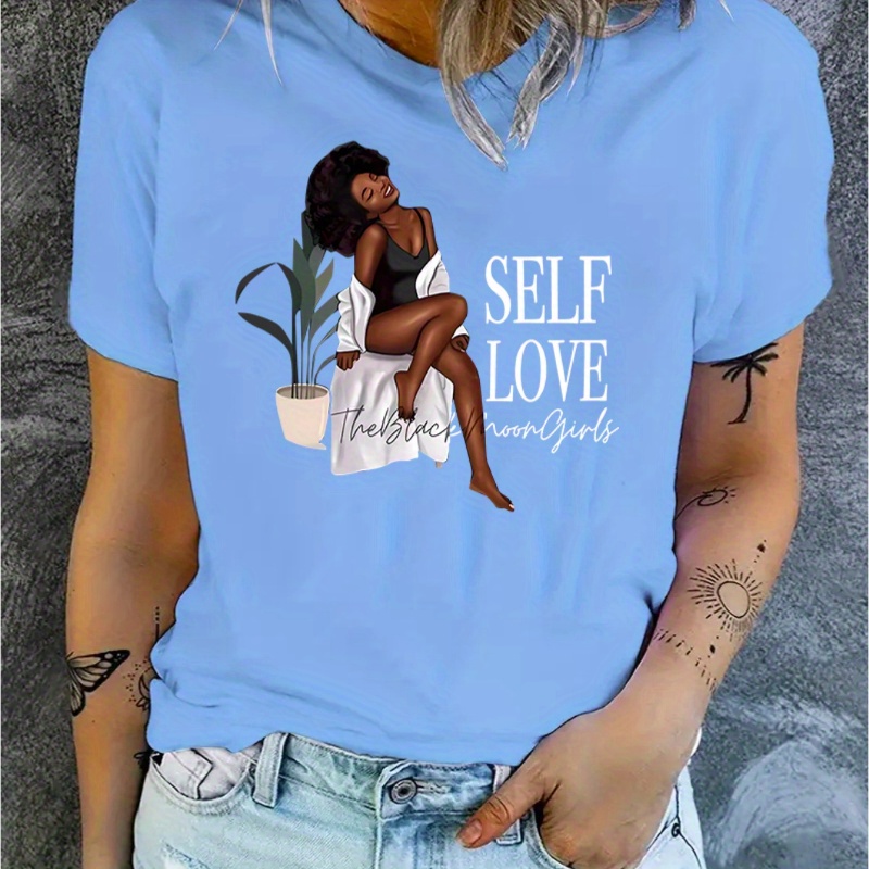 

Women's Short Sleeve T-shirt, Fashionable Round Neck Top With Self Love Graphic, Casual Sporty Tee, Summer Top