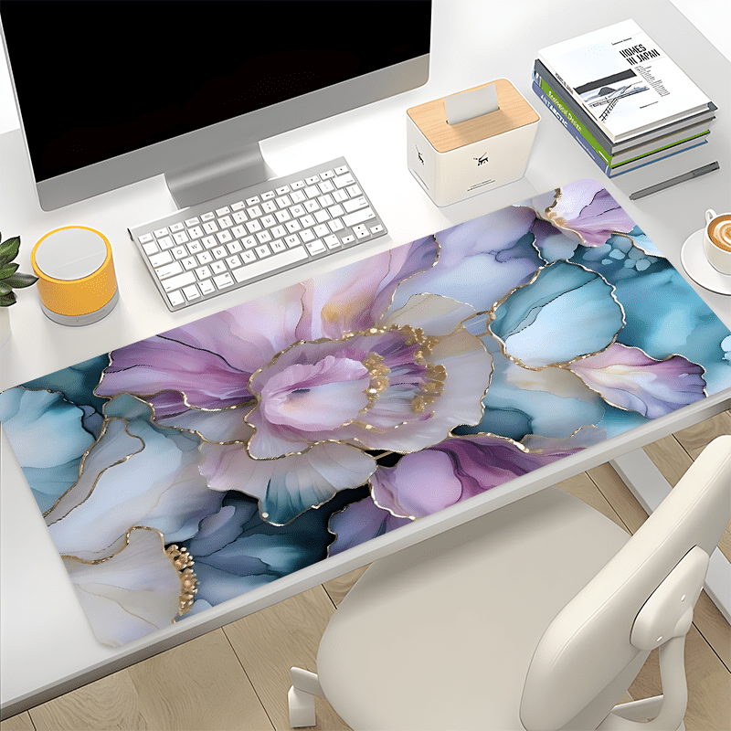 

Floral Marble Design Extended Mouse Pad - Non-slip Rubber Base, Office Desk Mat, Water-resistant Oblong Keyboard Pad With Vivid Colors For Gaming And Work - Ideal Gift For All Users