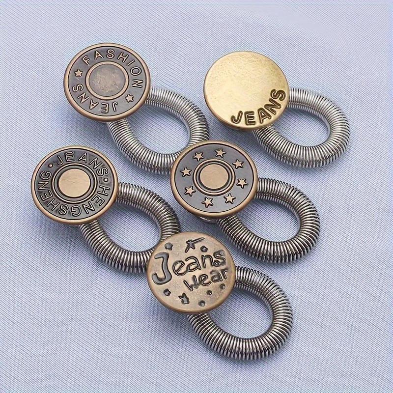 

5pcs Assorted Styles Belt Metal Button Extenders For Jeans No-sew Adjustable Waistband Expanders, Retractable