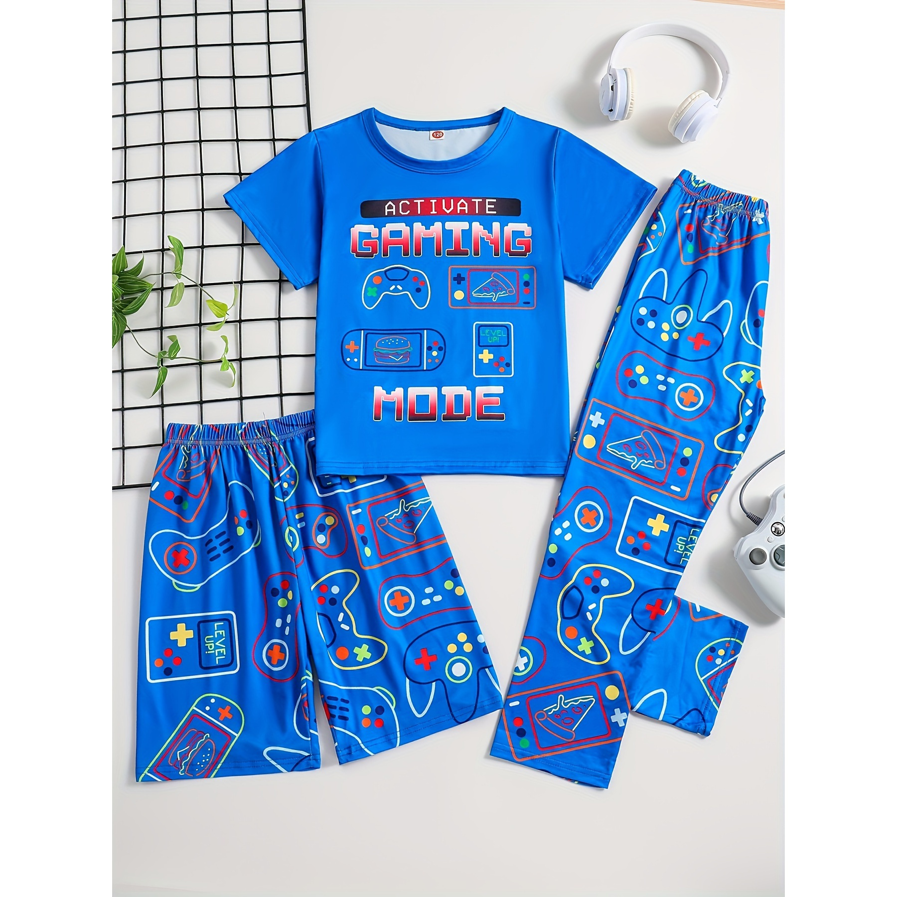 

3 Pcs Boy's Game Console Print Short Sleeve T-shirts & Elastic Shorts & Pants Pajama Set, Comfortable & Skin-friendly Style Pajamas For Boy's Cozy Loungewear