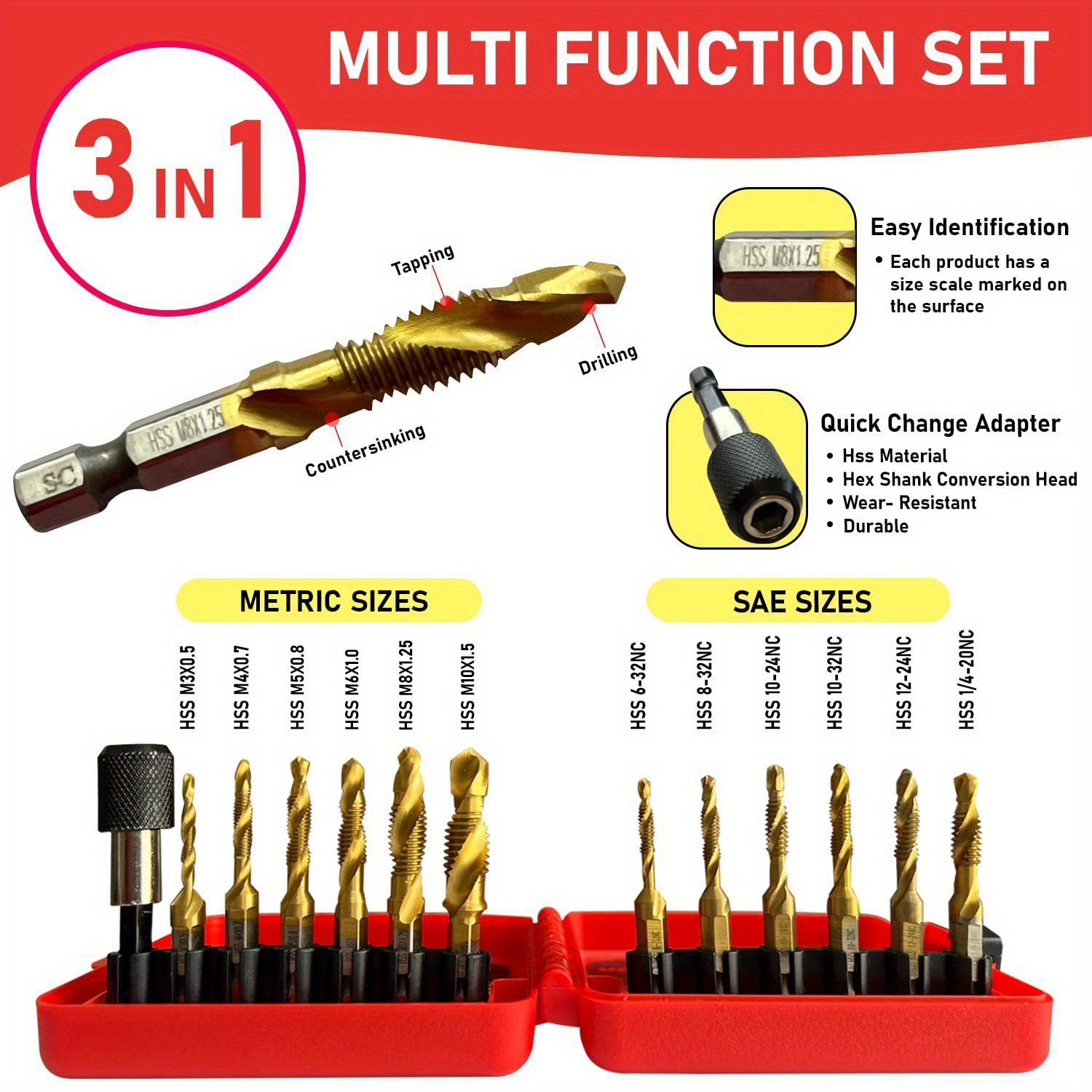 

13pcs 1/4" Hex Shank Titanium Drill Tap Combination Bit Set With Adapter, For Drilling, Tapping And Countersinking