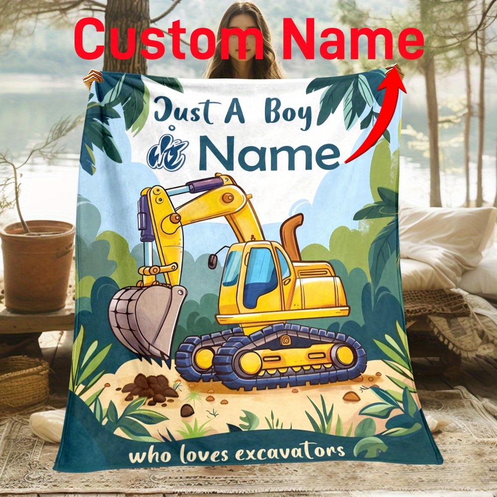 

Personalized Cartoon Excavator Flannel Throw Blanket - Custom Name, Lightweight & Soft For Couch, Bed, Travel, Camping - Machine Washable