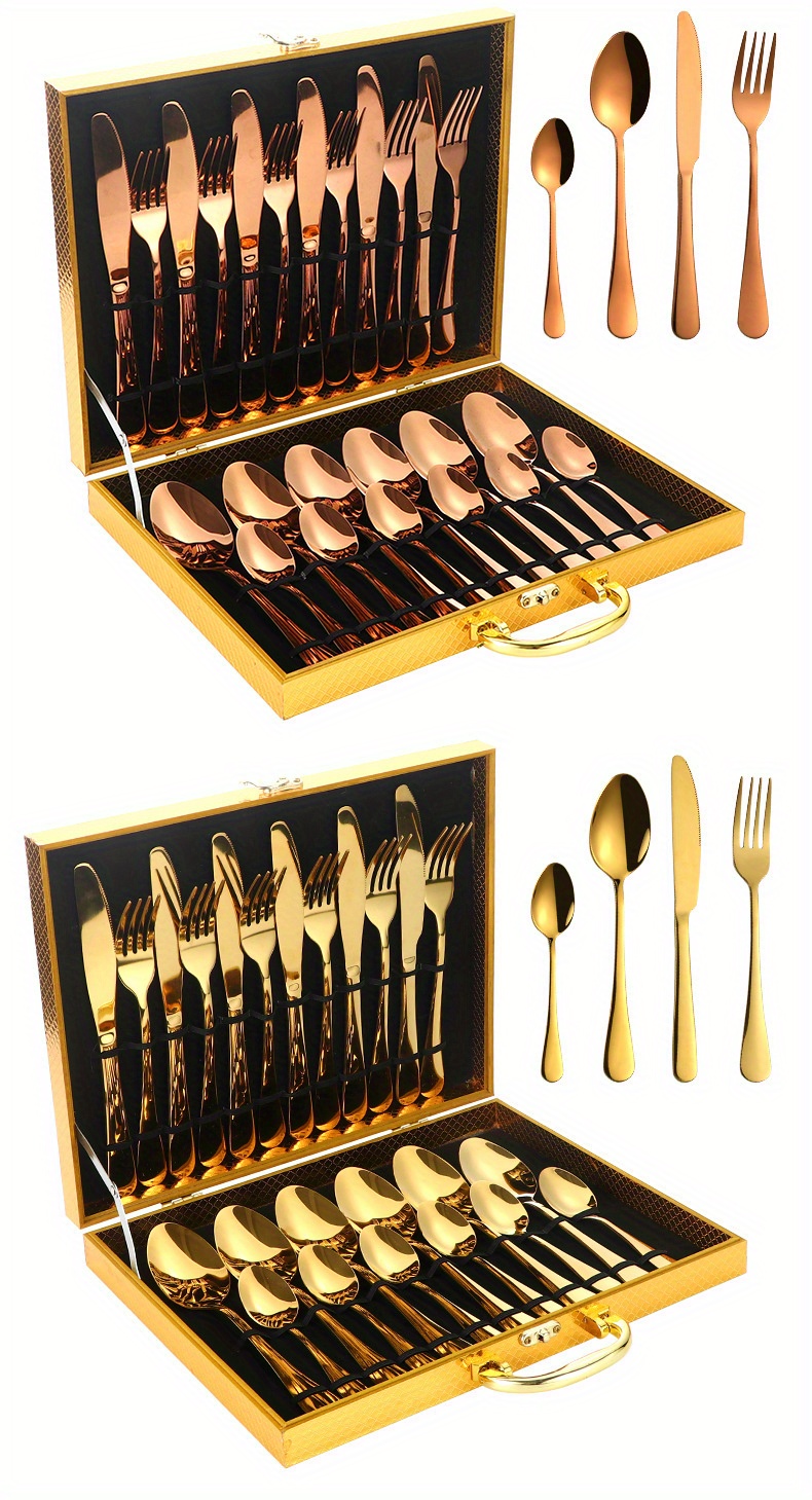 elegant 24pcs stainless steel cutlery set includes knives forks spoons in gift box for dining and entertaining details 0