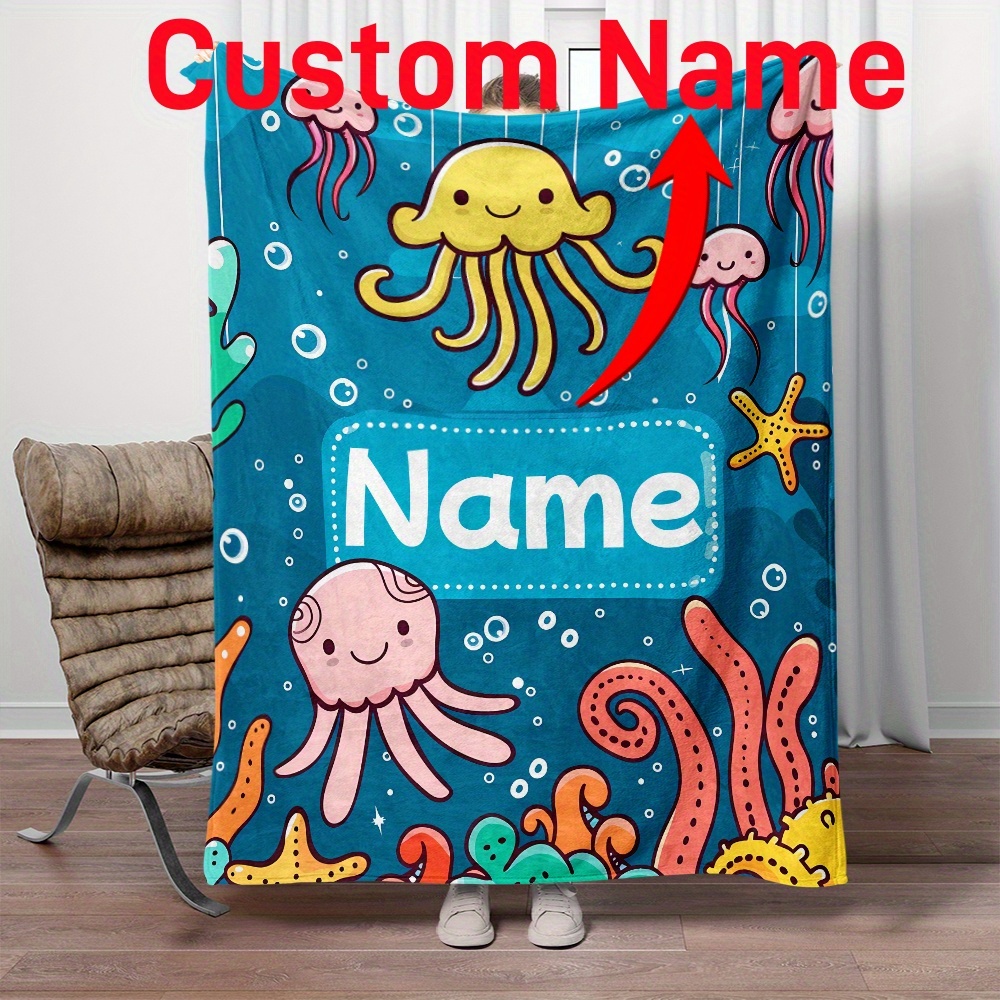 

Custom Name Octopus Flannel Blanket - Personalized Soft Polyester Jacquard Weave Throw For All Seasons - Perfect For Bed, Sofa, Camping, Travel - Machine Washable Lightweight Fleece Blanket