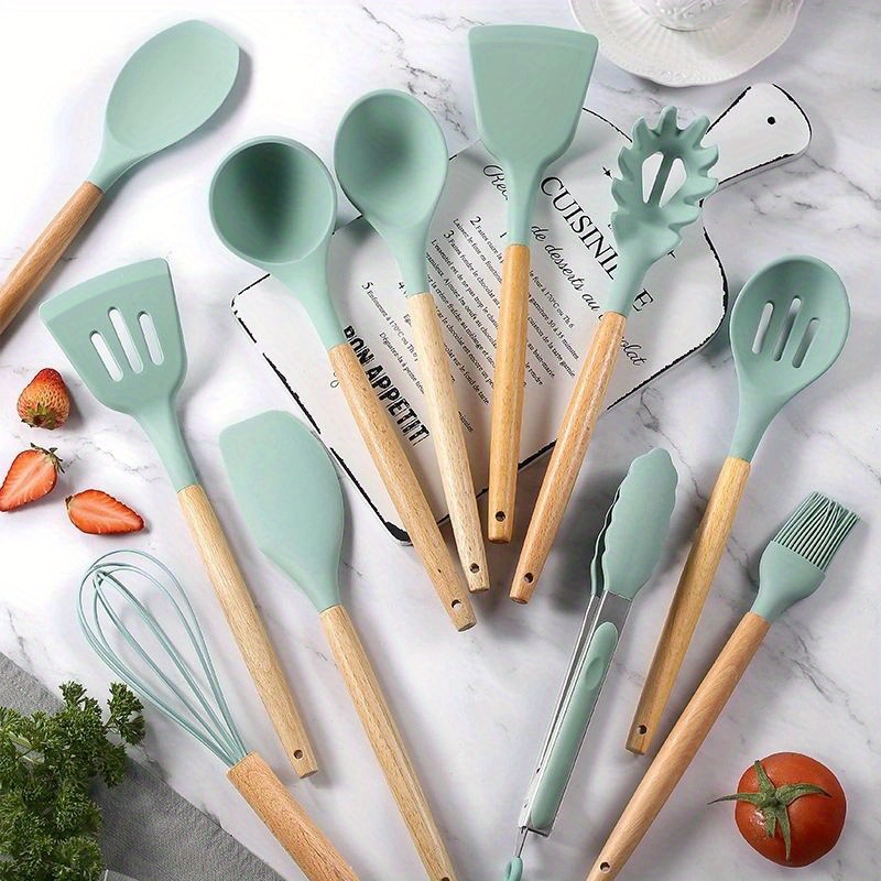 

12pcs Cooking Utensils Set, Wooden , For Utensils And Pot Lid, Spatula, Tongs, .apartment , Dorm , , To