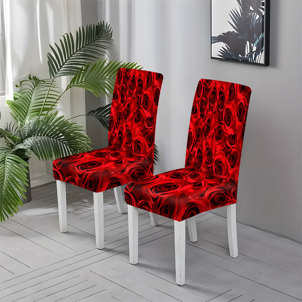 

2/4/6-piece Red Rose Print Chair Covers - Stretchy Dining & Living Room Chair Slipcovers For Home Decor Or Special Occasions, Machine Washable Polyester