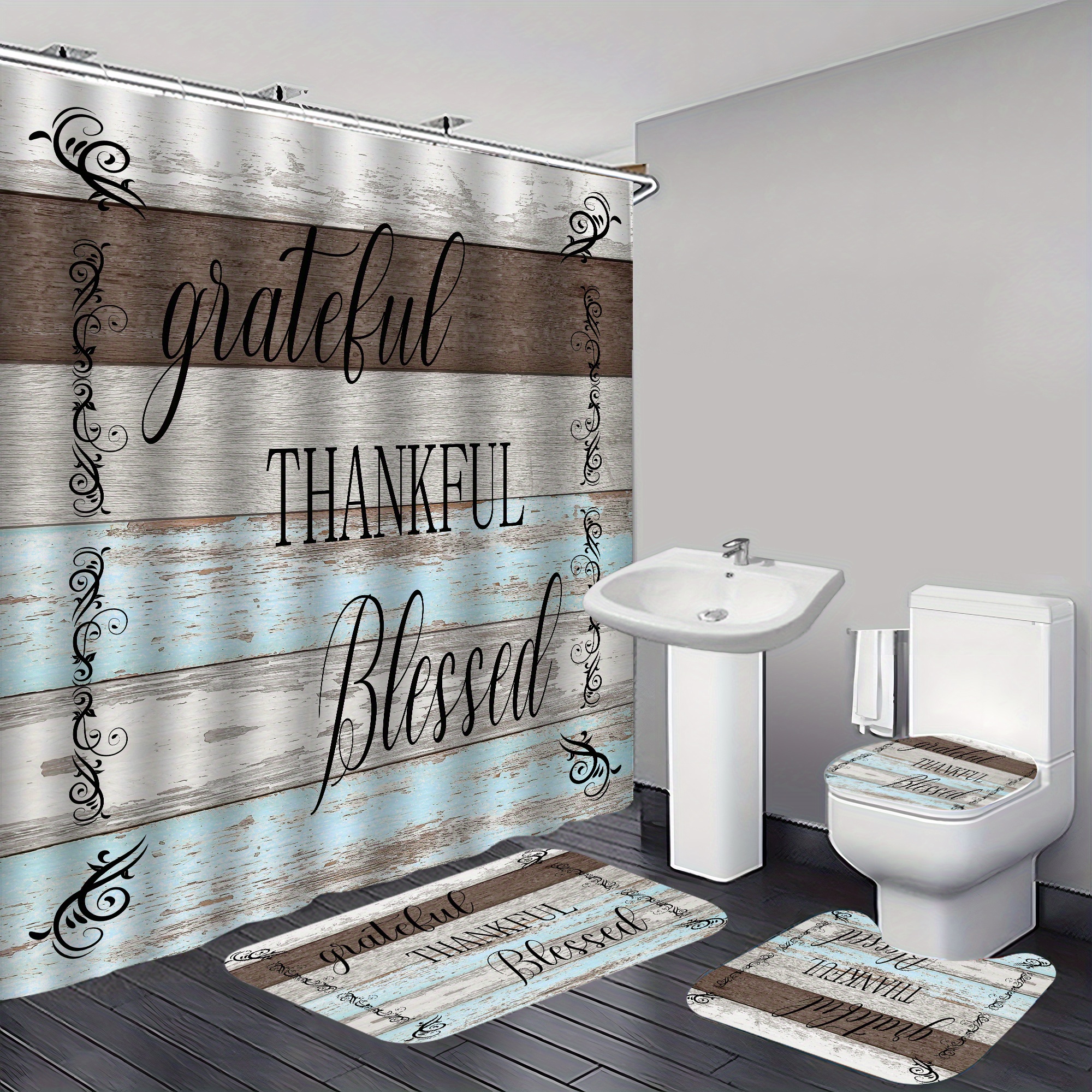 

4pc Grateful Thankful Blessed Shower Curtain Set, Wooden Text Bathroom Curtain, Non Slip Mat, Equipped With 12 Free Hooks, Home Decoration 70.8 X 70.8 Inch