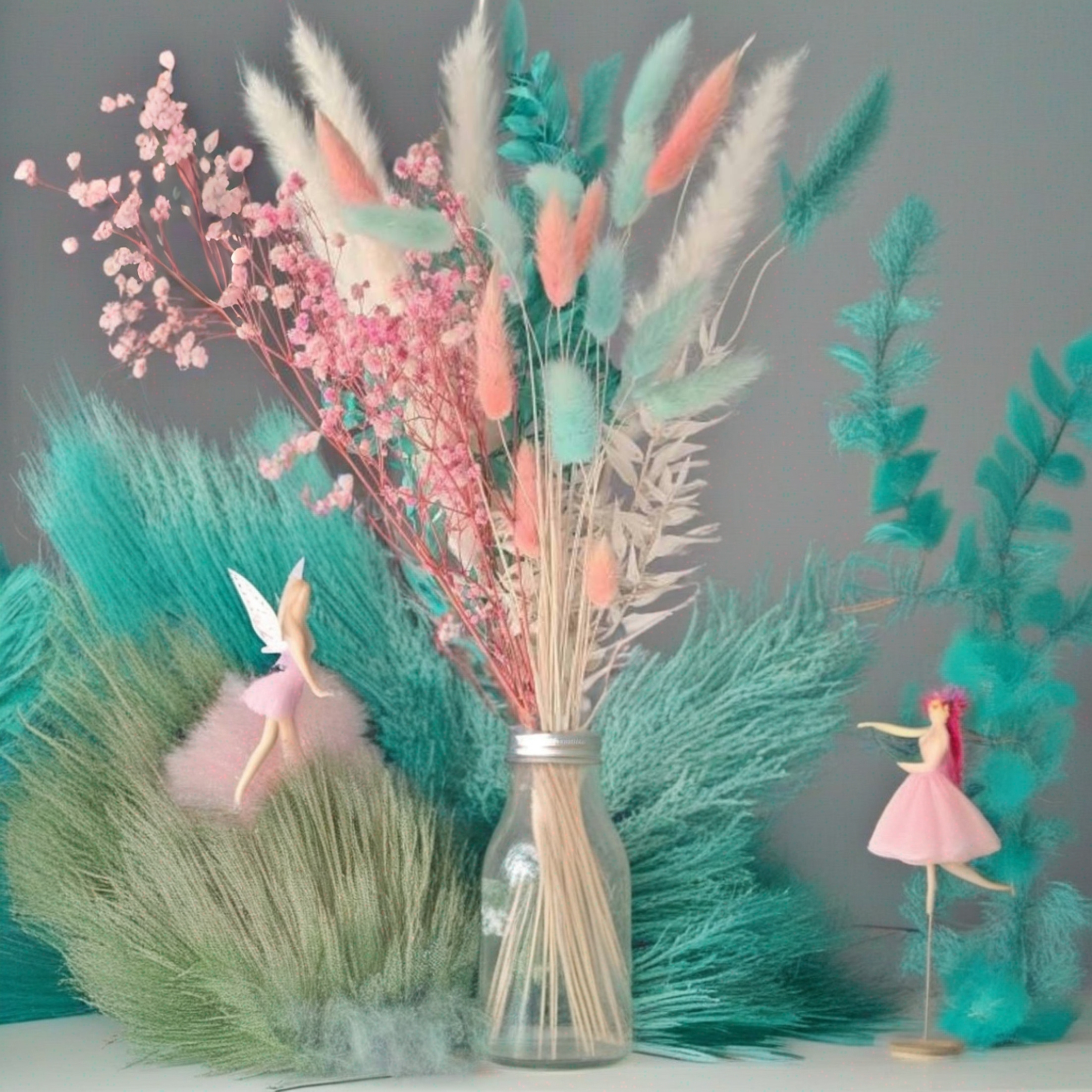 

Pastel Bouquet: Gypsophila, White Pampas Grass, Turquoise Ruscus, Pink & Blue Bunnytails - Dried Flowers Arrangement In A Glass Vase