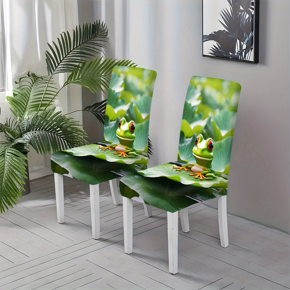 

2/4/6pc Frog & Lily Print Chair Covers - Stretch Spandex Slipcovers For Dining & Living Room Chairs, Perfect For Home Decor Or Special Occasions, Machine Washable