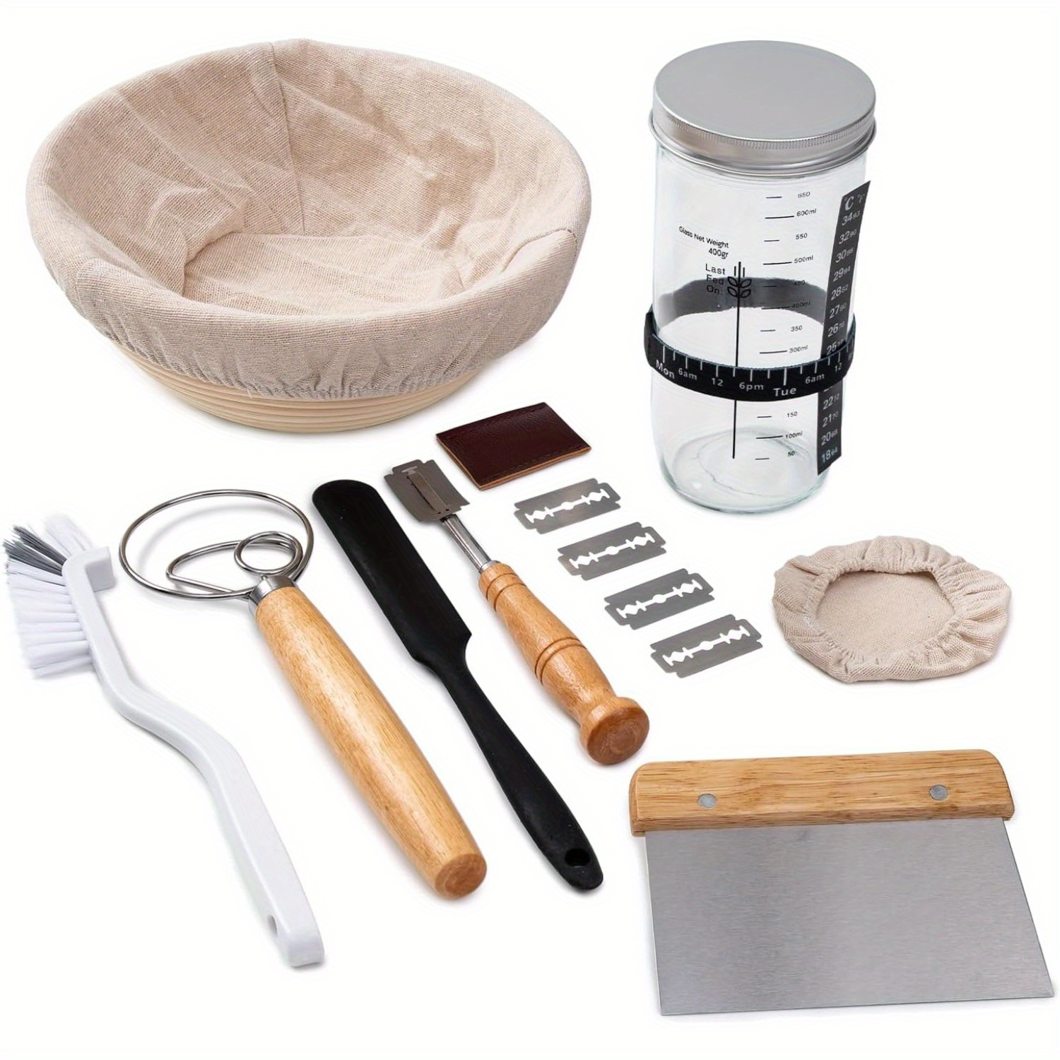 

Sourdough Bread Baking Supplies, Basket Sourdough Starter Kit With Proofing Basket, Sourdough Jar, Bread Lame, Dough Whisk And Scrapers