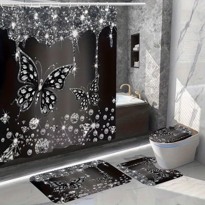 

1/4pcs Butterfly Shower Curtain And Mats, Waterproof Shower Curtain With 12 Hooks, Non-slip Bathroom Rug, Toilet U-shape Mat, Toilet Lid Cover Pad, Bathroom Decor, Shower Curtain Sets For Bathrooms