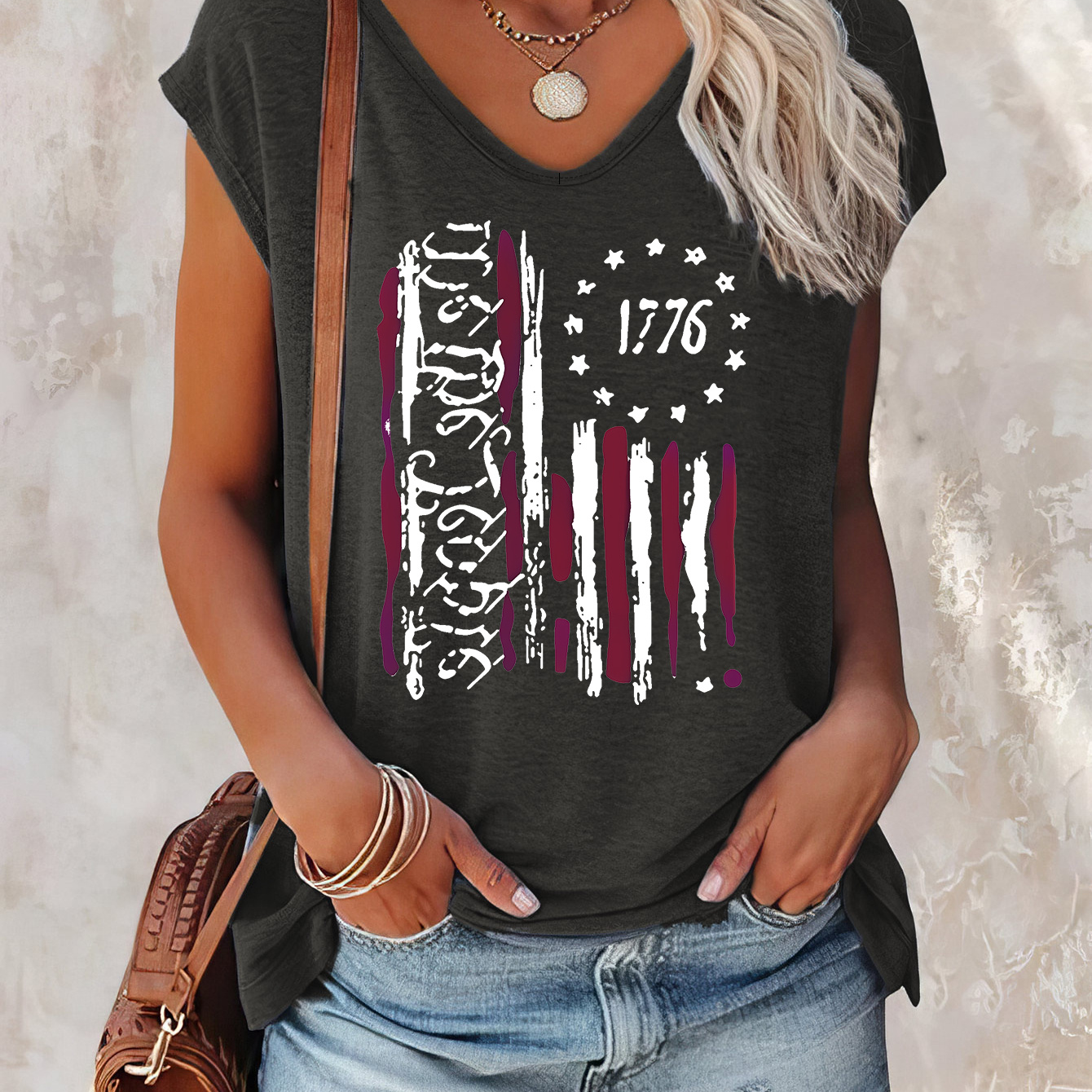 

American Flag Print Cap Sleeve Tank Top, Casual V-neck Top For Summer & Spring, Women's Clothing