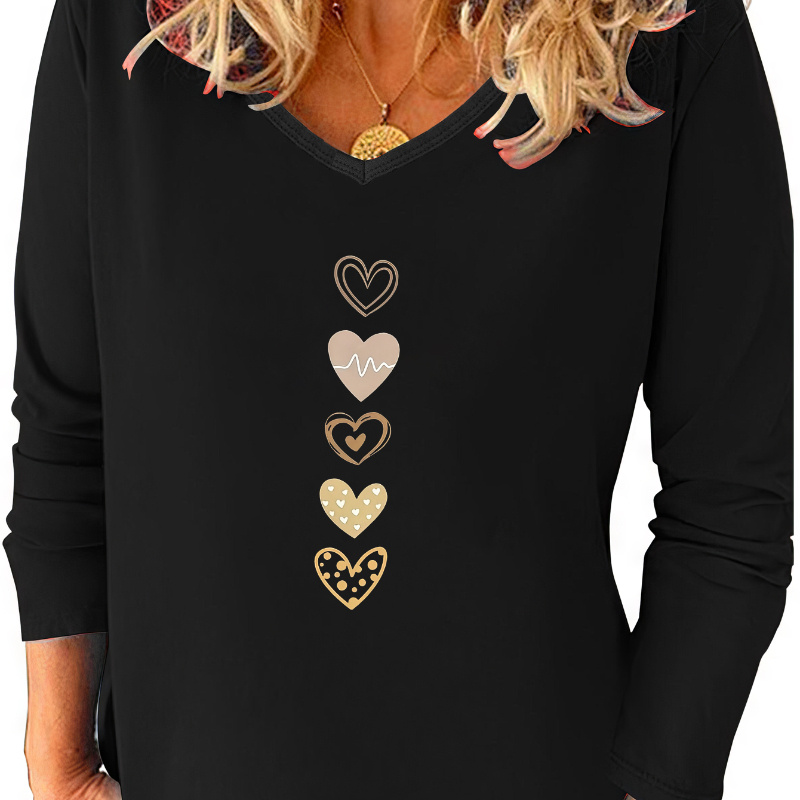 

Heart Print T-shirt, Long Sleeve V Neck Casual Top For Spring & Fall, Women's Clothing