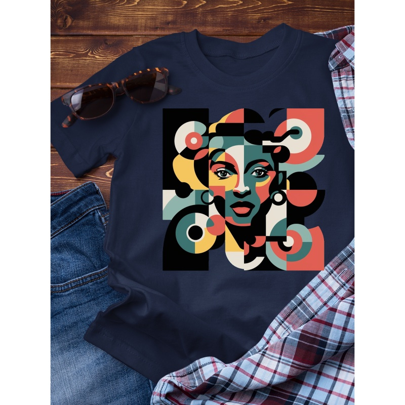 

Abstract Cubism Jazz Art Print Simple Slim Fit Pure Cotton Short Sleeved, Simple Cotton T-shirt For Summer, Men's Round Neck Short Sleeved T-shirt, Casual Comfortable Lightweight Top