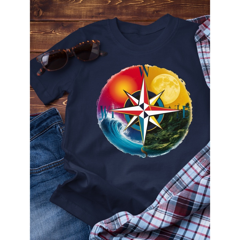 

Colorful Compass Logo Print Simple Slim Fit Pure Cotton Short Sleeved, 100% Cotton T-shirt For Summer, Men's Round Neck Short Sleeved T-shirt, Casual Comfortable Lightweight Top