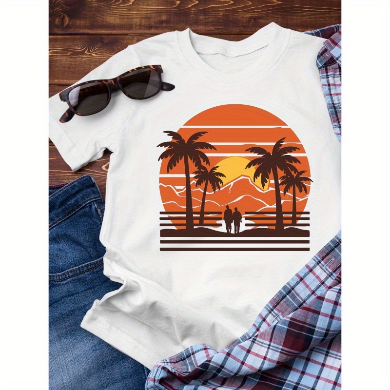 

Sunset & Palm Trees Creative Print, Men's Casual Round Neck Cotton T-shirt, Simplistic Style, Comfortable Fit For Everyday Wear