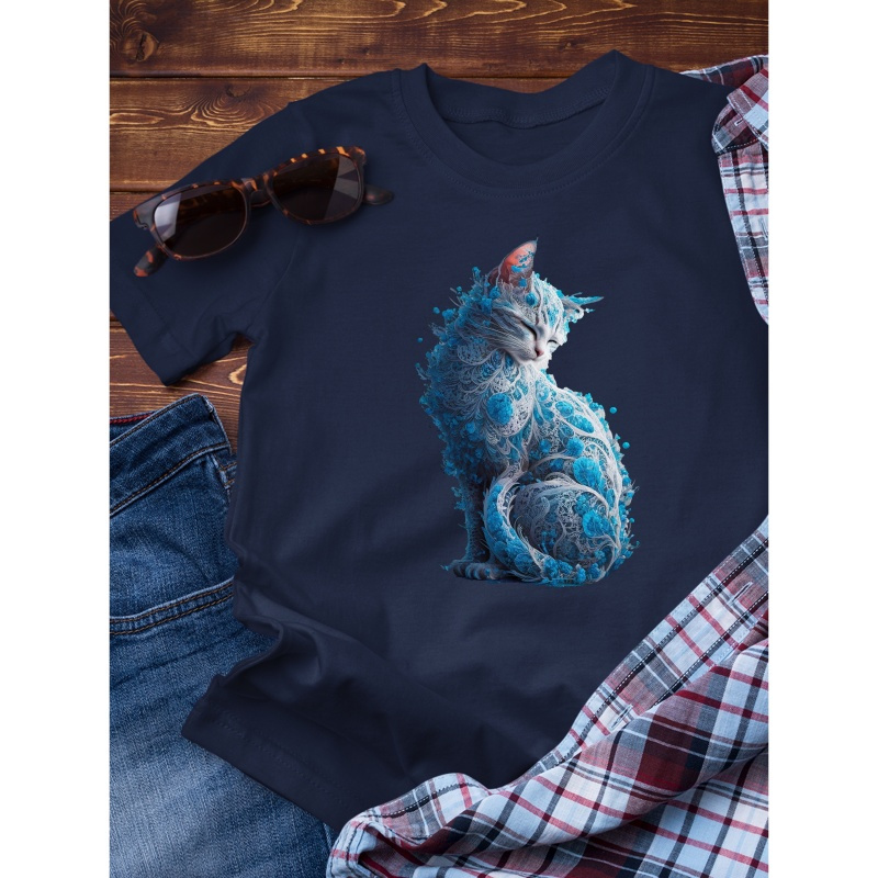 

Blue Cat Print Simple Slim Fit Pure Cotton Short Sleeved, 100% Cotton T-shirt For Summer, Men's Round Neck Short Sleeved T-shirt, Casual Comfortable Lightweight Top