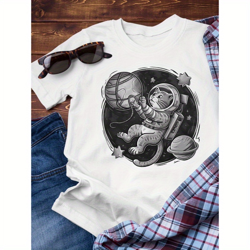 

Astronaut Cat In Space Pattern Print Men's Pure Cotton T-shirt, Crew Neck Short Sleeve Tees For Summer, Casual Comfortable Lightweight Top For Outdoor Sports & Leisure Holiday