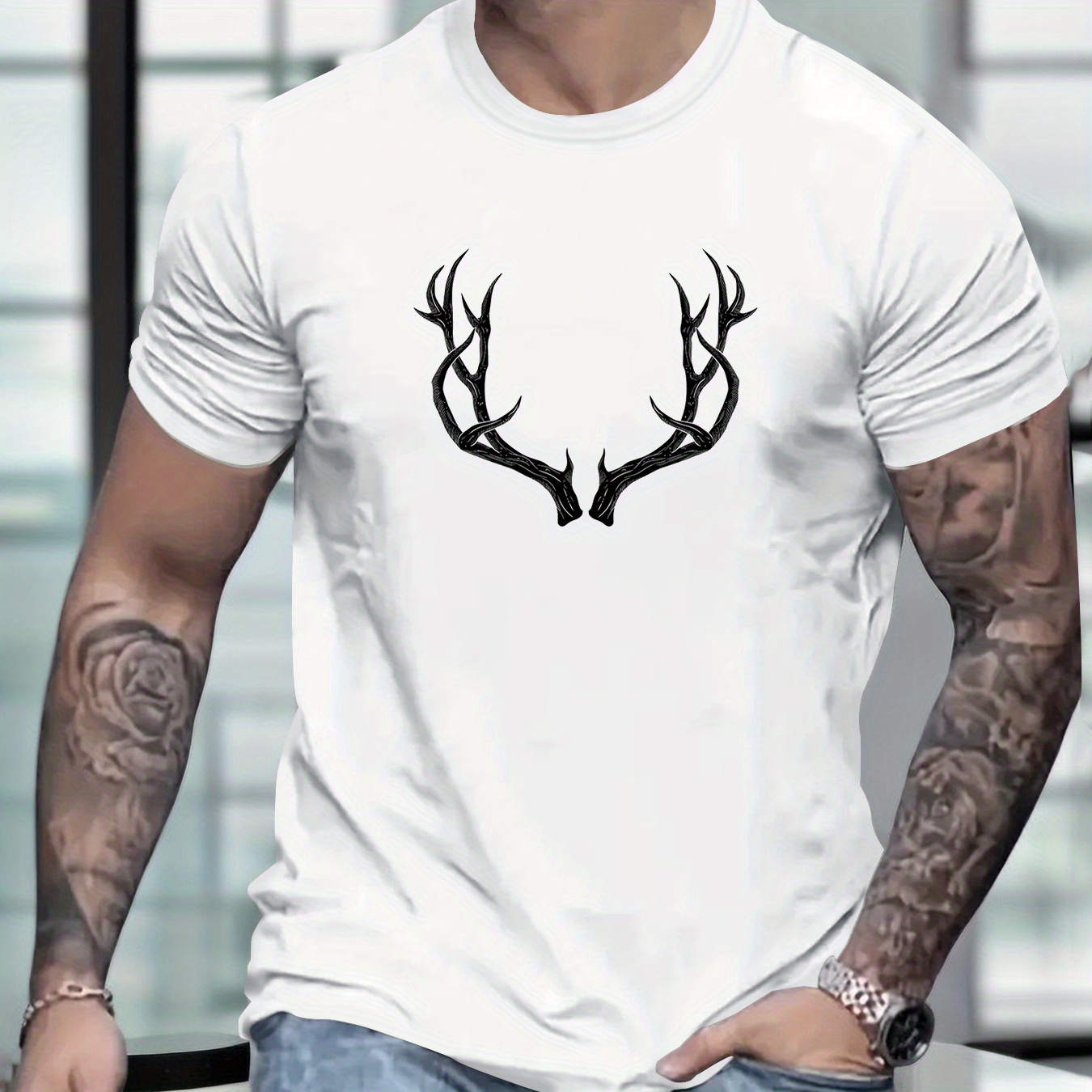 

Deer Horn Pattern Print Men's T-shirt, Crew Neck Short Sleeve Tees For Summer, Casual Comfortable Versatile Top For Outdoor Sports Daily Street