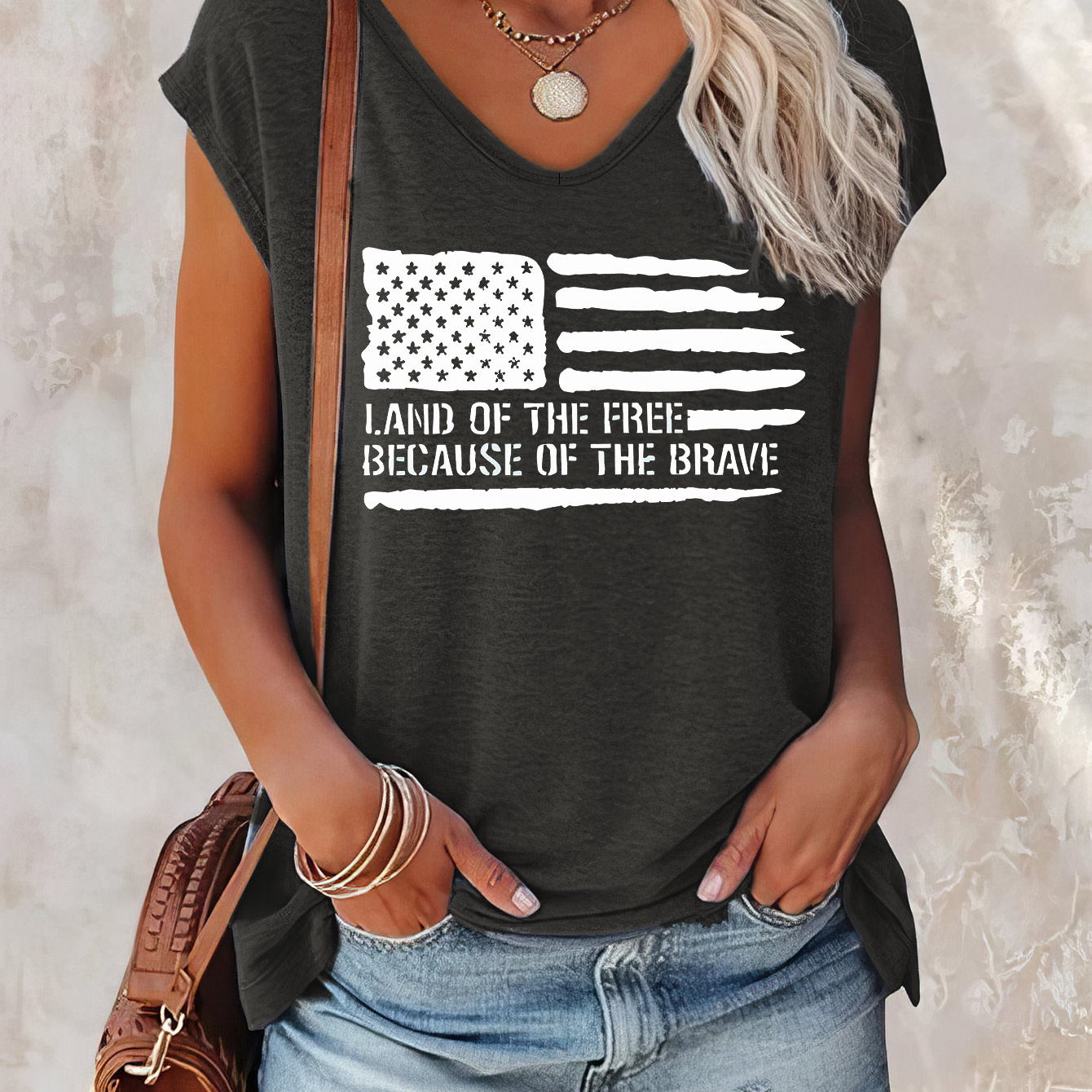 

American Flag & Letter Print Cap Sleeve Top, Casual Top For Summer & Spring, Women's Clothing