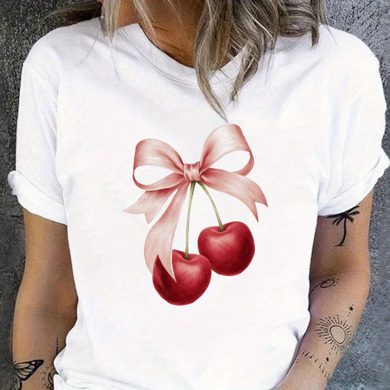

Bow Cherry Print T-shirt, Short Sleeve Crew Neck Casual Top For Summer & Spring, Women's Clothing