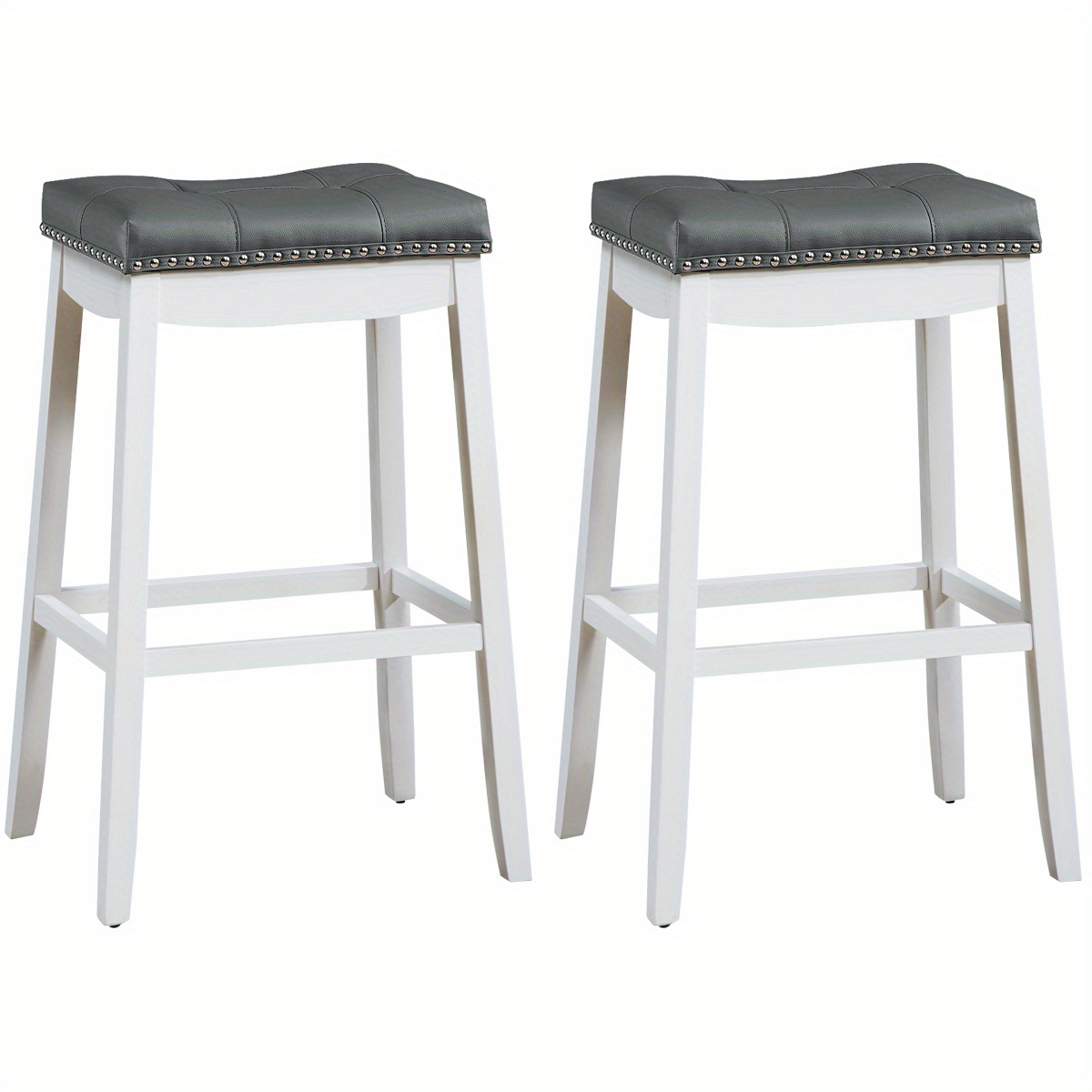 

Lifezeal Set Of 2 Nailhead Saddle Bar Stools 29" Pub Chairs With Rubber Wood Legs White