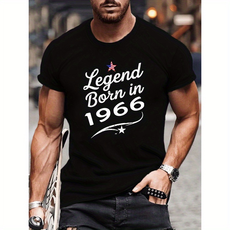 

Legend Born In 1966 Letter Print Men's T-shirt, Crew Neck Short Sleeve Tees For Summer, Casual Comfortable Lightweight Top For Birthday Celebration