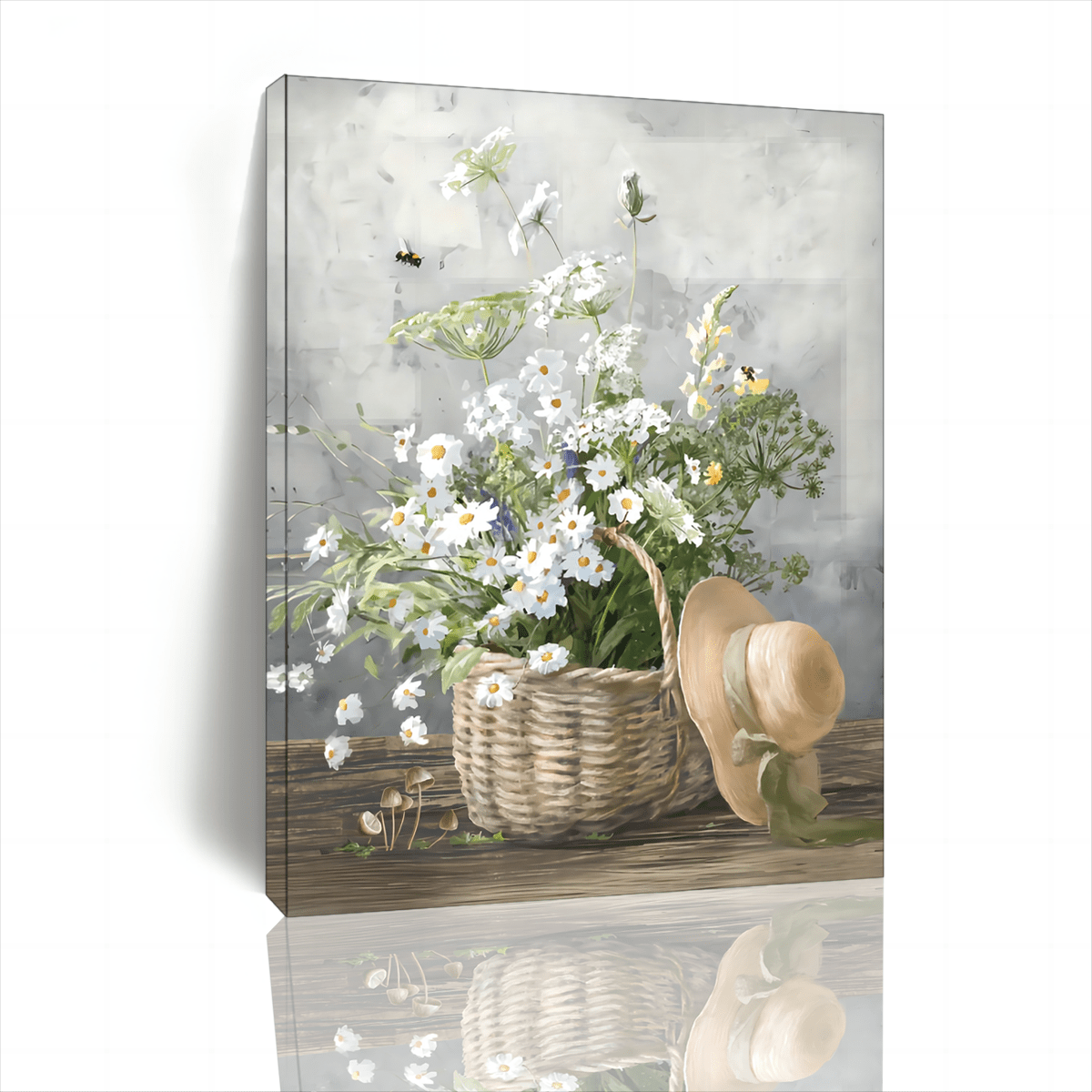 

1pc Wooden Framed Canvas Painting Little Daisy Flower Industrious Little Bee Cottage Gardening On Wall Art Prints With Frame, For Living Room&bedroom, Home Decoration, For They, Out Of The Box
