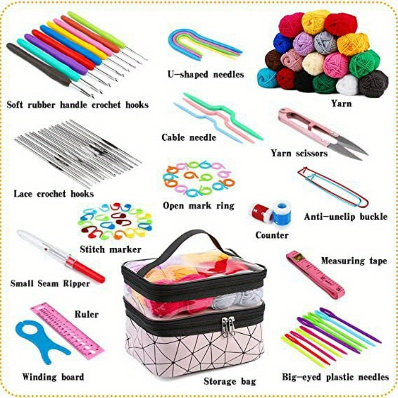 

105-piece Crochet Kit With Fabric Yarn Storage Bag - Tpr Handle Crochet Hooks, Lace Hook Set, Stitch Markers, Needles, Counters & More - Durable Hand Knitting Tools For Diy Craft Projects