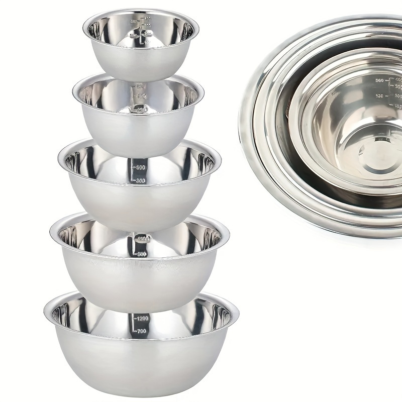 5pcs Stainless Steel Mixing Bowls, Bowl With Scale, Ideal For Cooking, Baking, Preparing, Household Kitchen Cooking Basin, Sink, Fruit Bowl, Noodle Bowl, Kitchen Utensils, Baking Tools, Colanders
