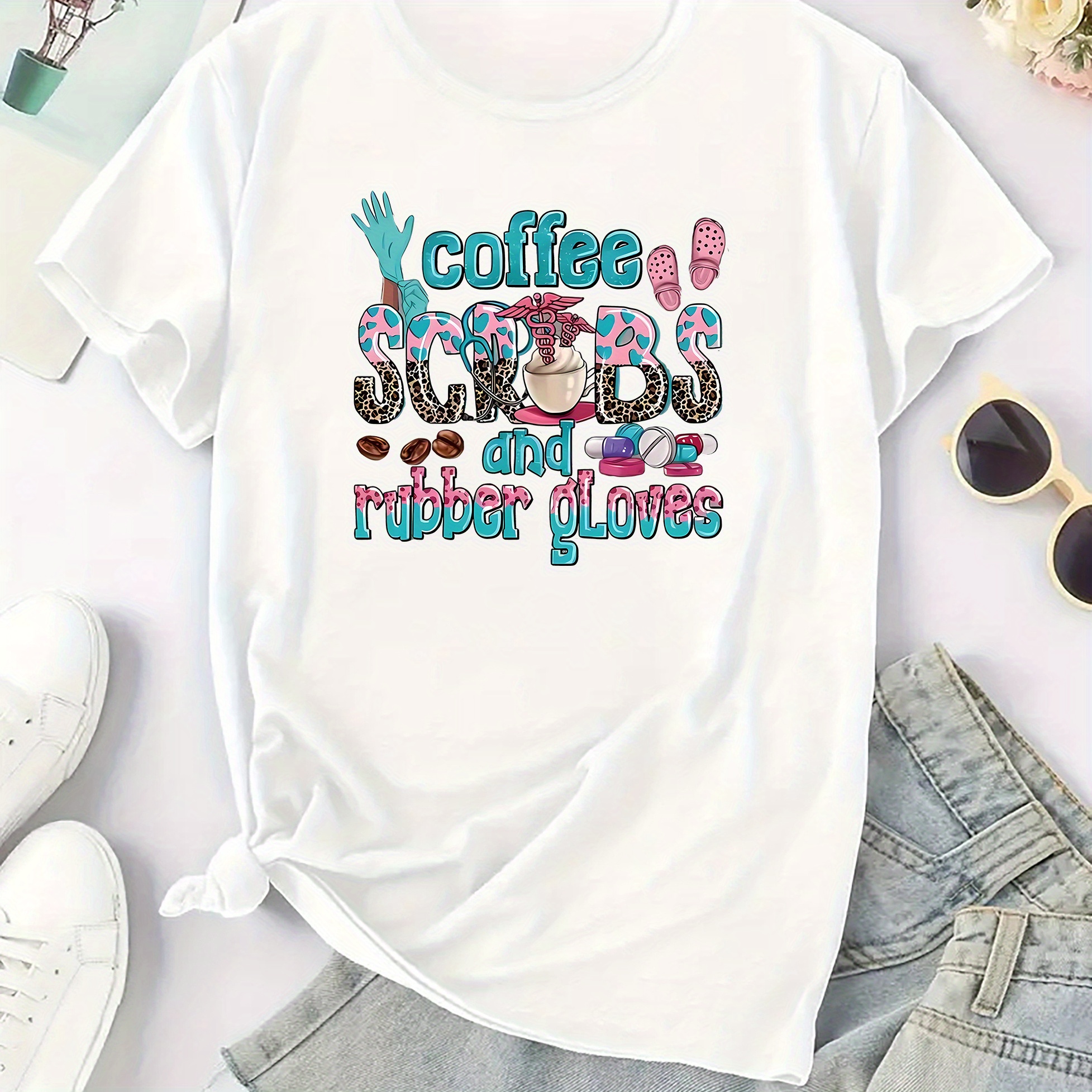 

Women's Casual Short Sleeve T-shirt With Creative Lettering, "coffee, Scrubs, And Rubber Gloves" Print, Versatile Sports Top, Comfy Style