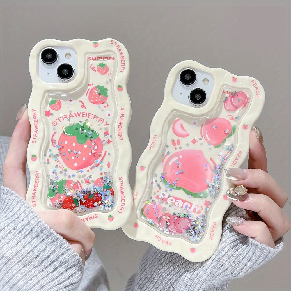 

New Cute Quicksand Peach Strawberry Single Shell Lens Shell 15promax Mobile Phone Shell 14 All-inclusive 13pm Personality Series