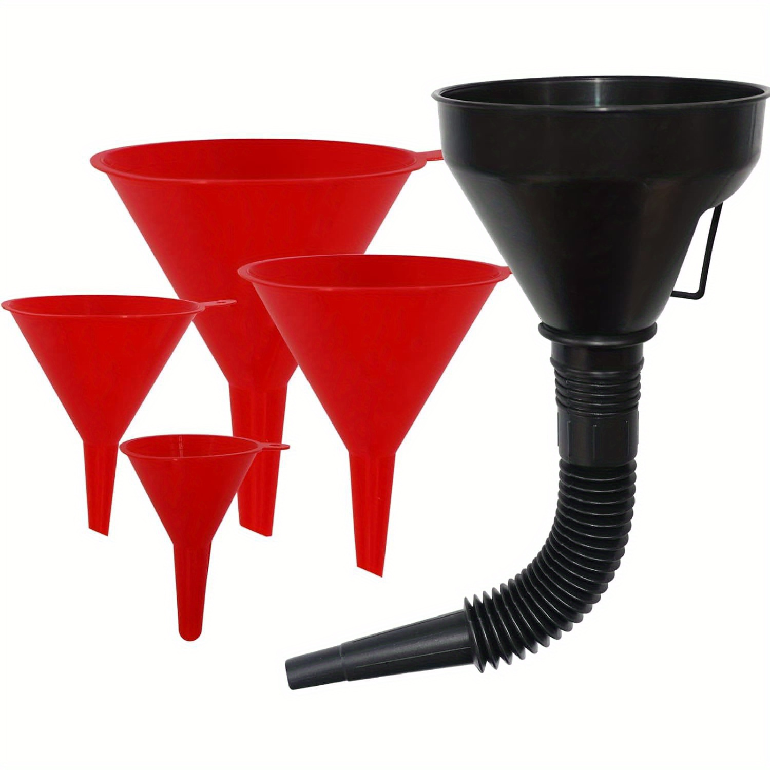 TEMU Plastic Brandstof Trechters voor Auto Gebruik Set van 5, Brede Flexibele Olie Trechter met Slang voor Benzine Overdracht