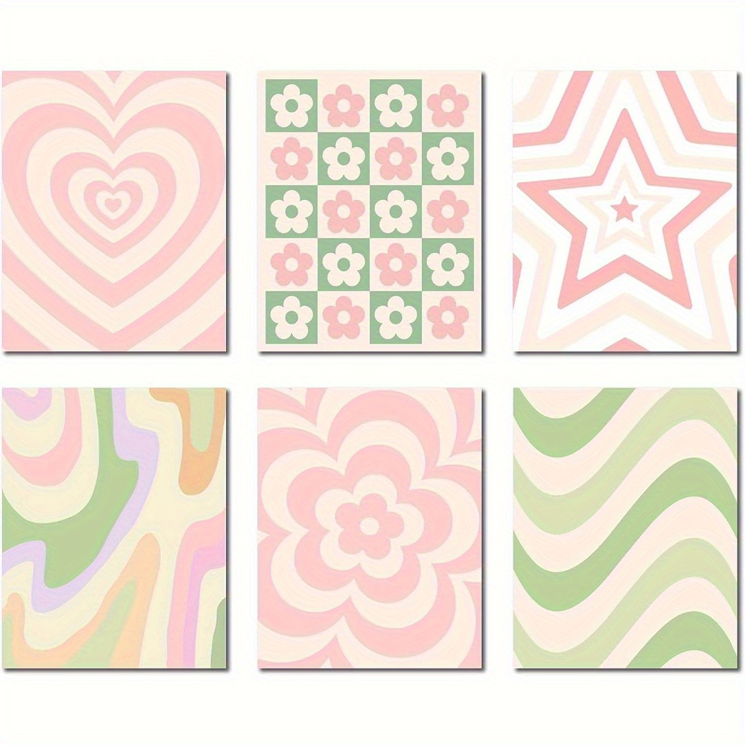 

6 Pieces Of Preppy Room Decor: Aesthetic Wall Art Prints For Teen Girls Bedroom - Pink And Green Heart Painting In Flowers Artwork - Dormitory - Poster