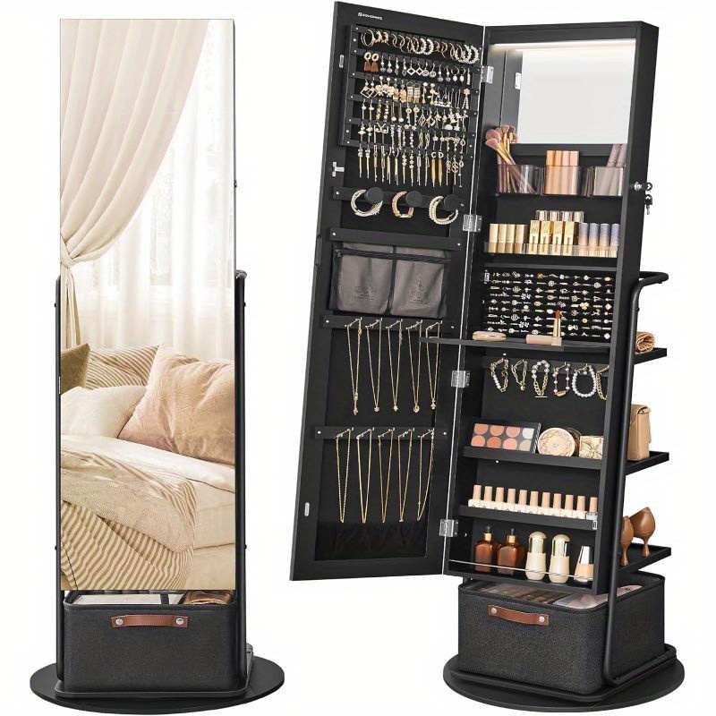 

Songmics 360° Swivel Mirrored Jewelry Cabinet With Lights, Full-length Mirror With Jewelry Storage, Standing Jewelry Armoire Organizer, With Large Storage Basket, Mother's Day Gifts, Ink Black