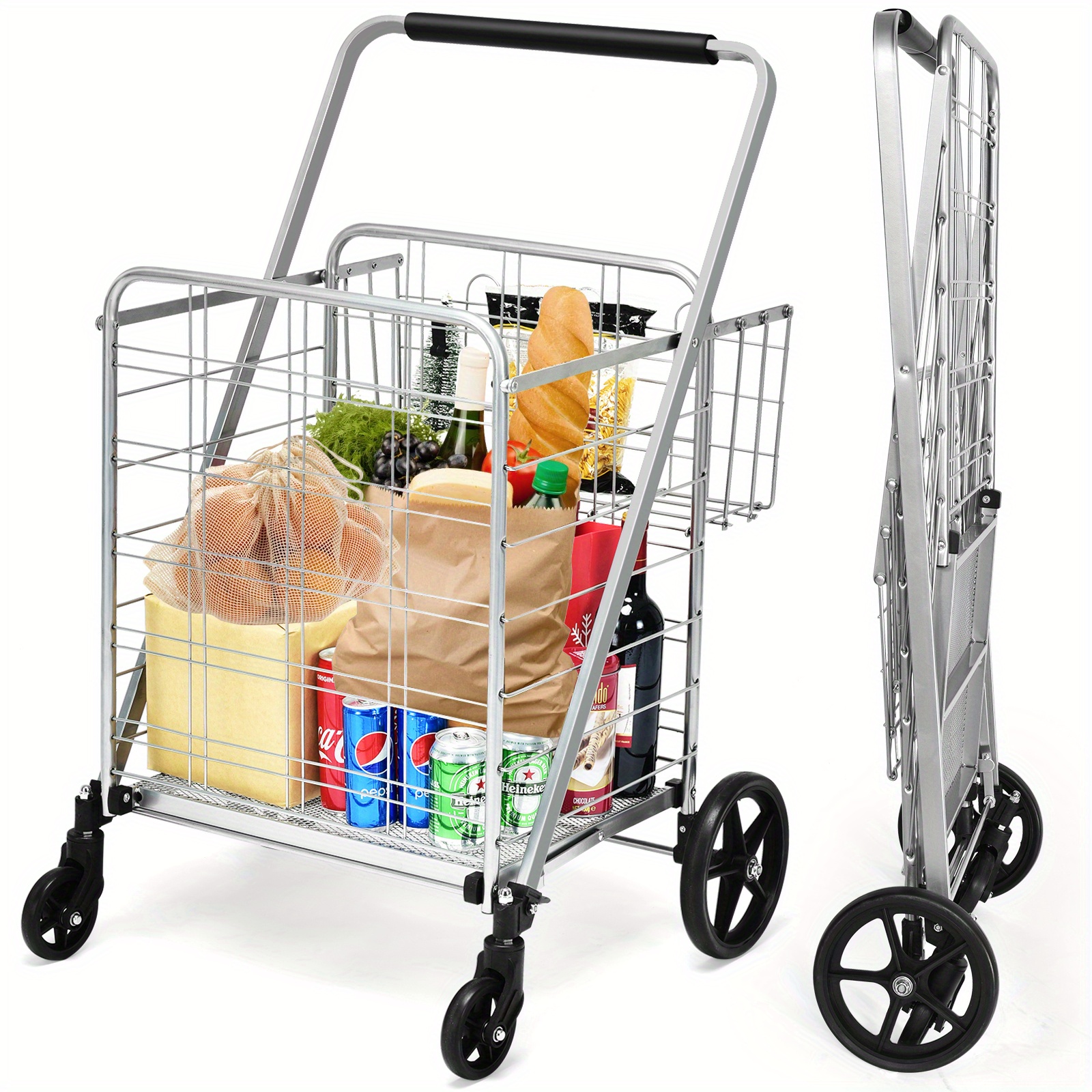 

Lifezeal Heavy Duty Folding Shopping Cart Utility Jumbo Double Basket 330lbs Silver