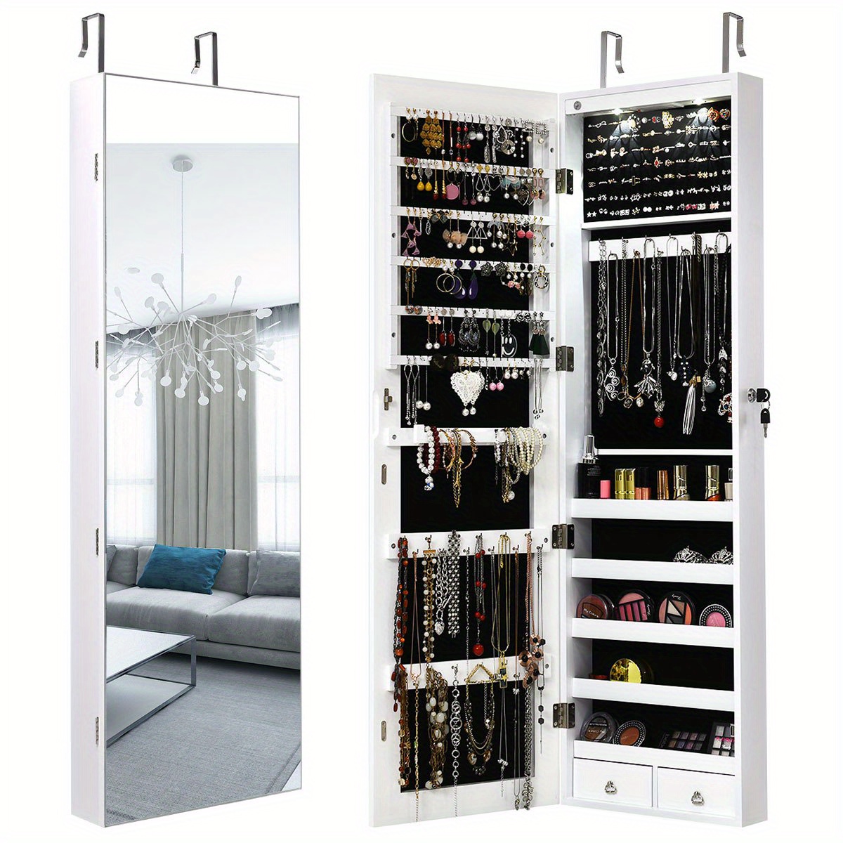 

Lifezeal Mirrored Wall & Door Mounted Jewelry Cabinet Storage Organizer W/ Lights&drawer