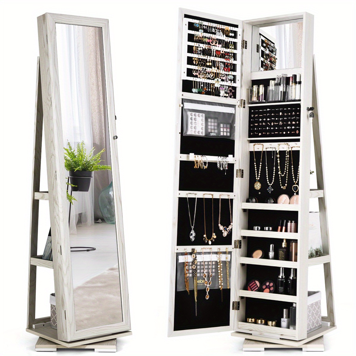 

Lifezeal 360° Rotatable Jewelry Cabinet Armoire 2-in-1 Lockable Mirrored White