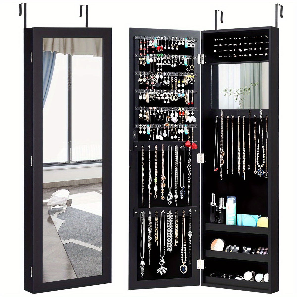 

Lifezeal Mirrored Jewelry Cabinet Storage Organizer Wall Door Mounted Black New