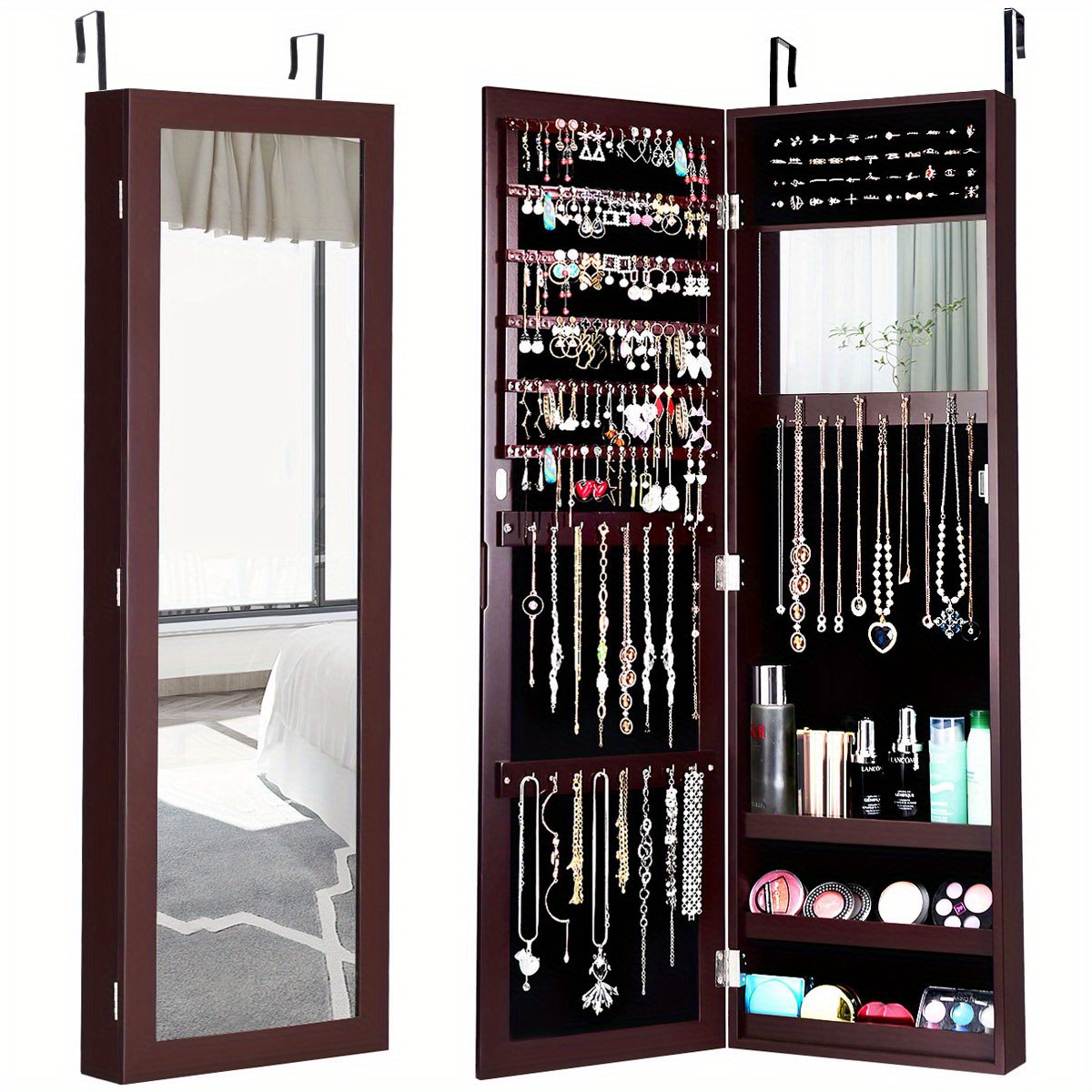 

Lifezeal Mirrored Jewelry Cabinet Storage Organizer Wall Door Mounted Brown New