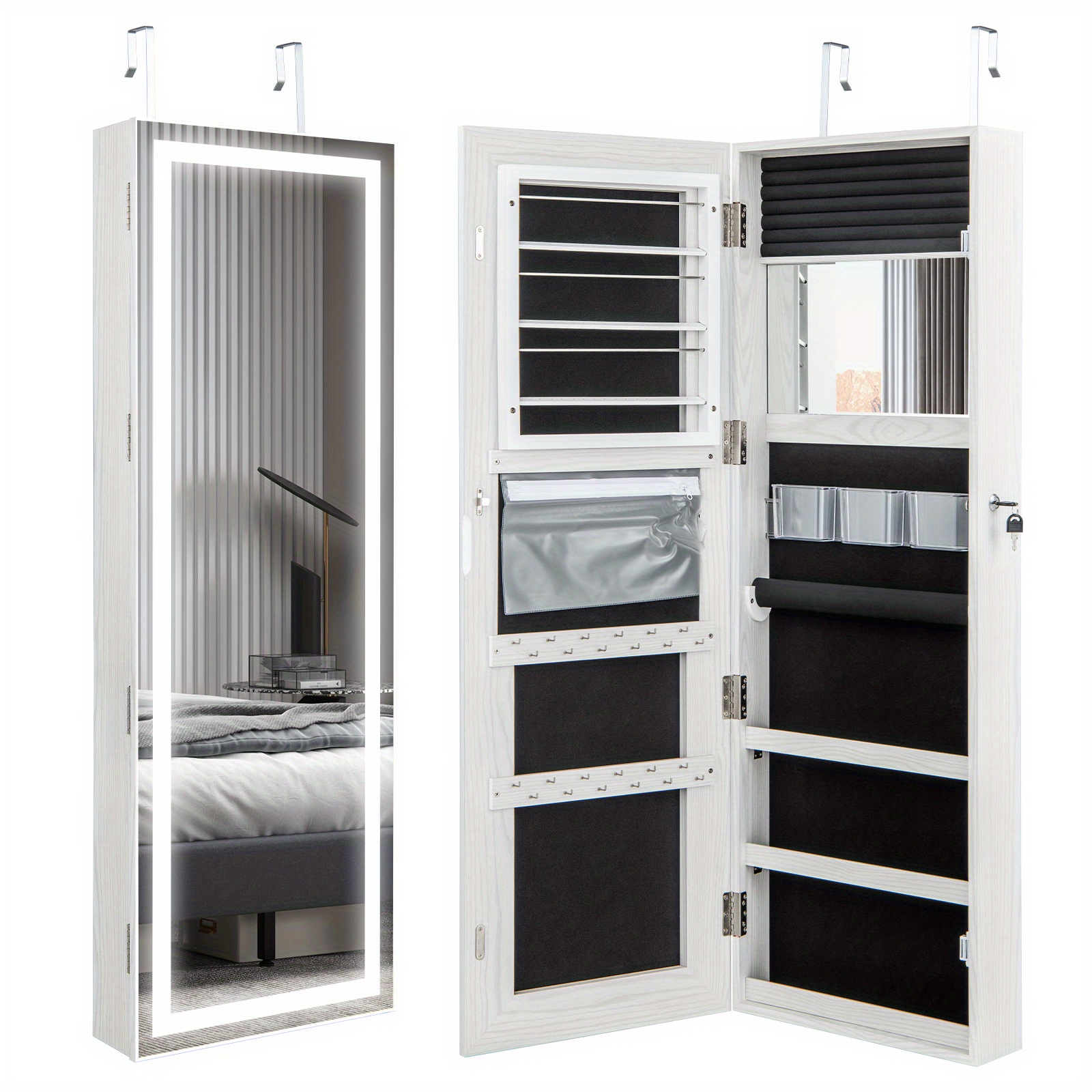 47" H Jewelry Armoire Full Length Mirror Cabinet Storage Organizer W Led Light Wall Mounted Door Hanging Lockable For Bedroom Makeups White