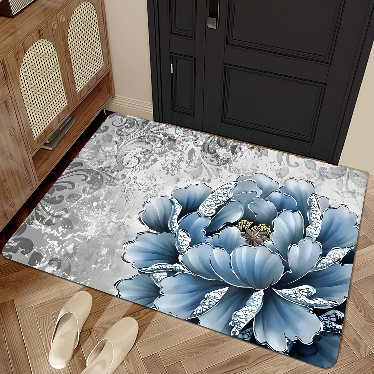 

Modern Blue Floral Door Mat With Non-slip Silicone Backing - Thick, Easy-care Flannel Entrance Rug For Home Decor - Perfect For Living Room, Bedroom, Bathroom, Kitchen